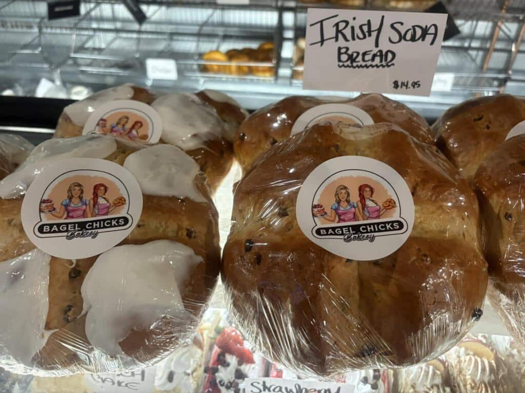 Packaged Irish soda bread from Bagel Chicks Bakery, featured as a highlight of the Bagel Chicks Menu for first-time visitors.