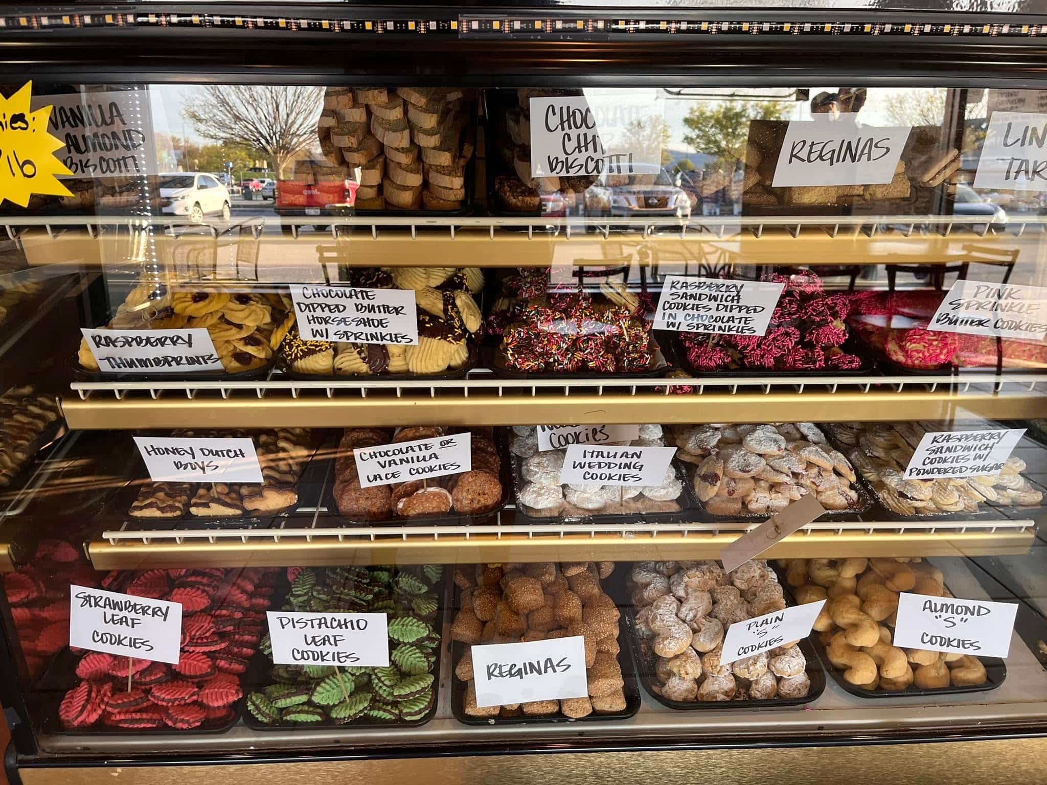 Bakery display filled with cookies and baked goods representing nearly a century of family baking.