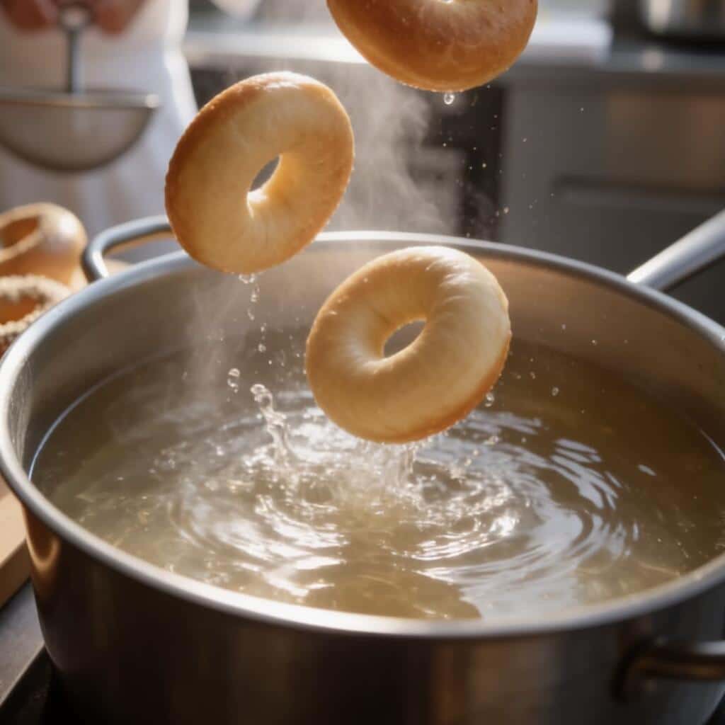 Fresh bagels being boiled using a traditional bagel-making method