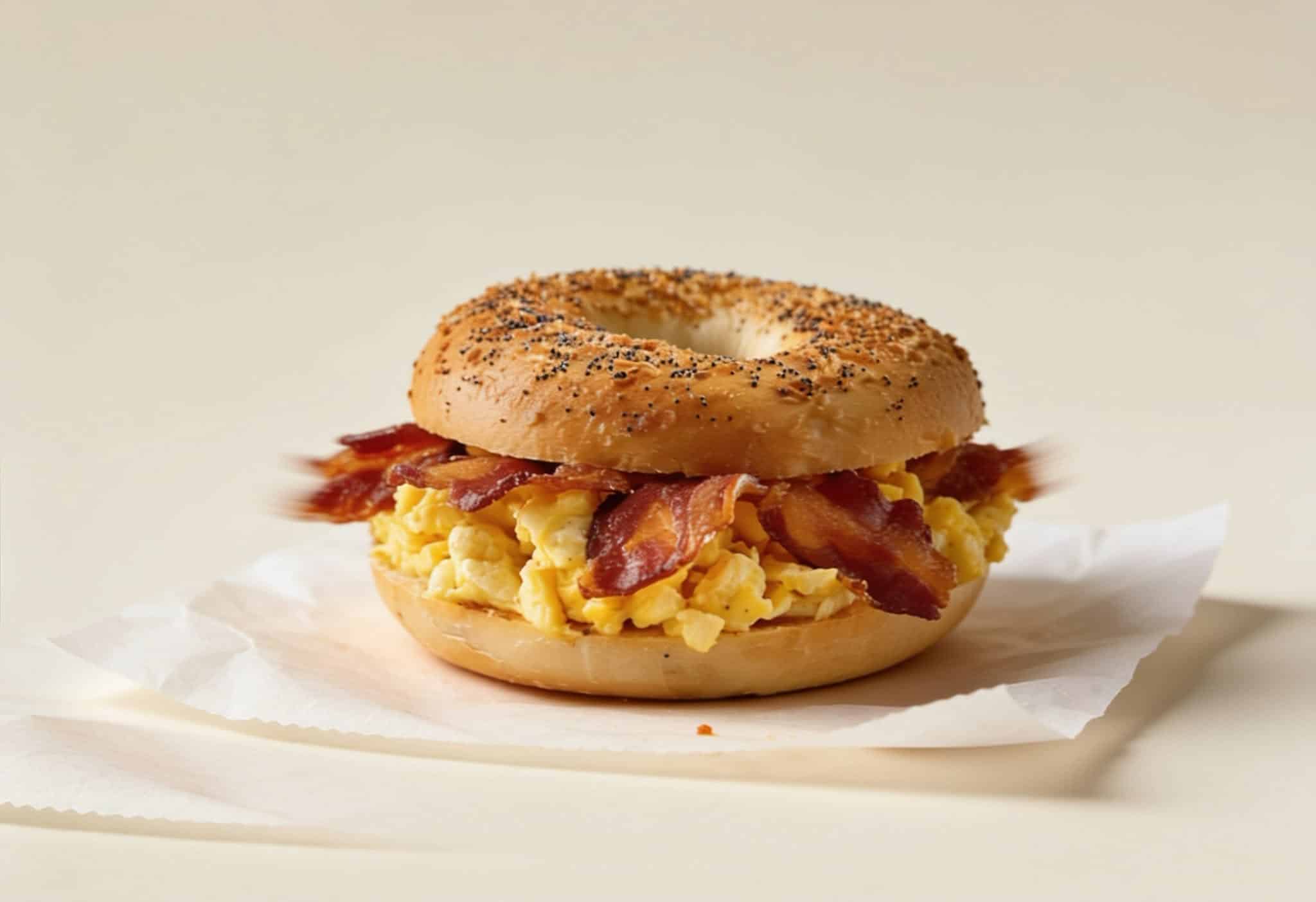 Bagel Chicks breakfast bagel filled with scrambled eggs and bacon in West Virginia.