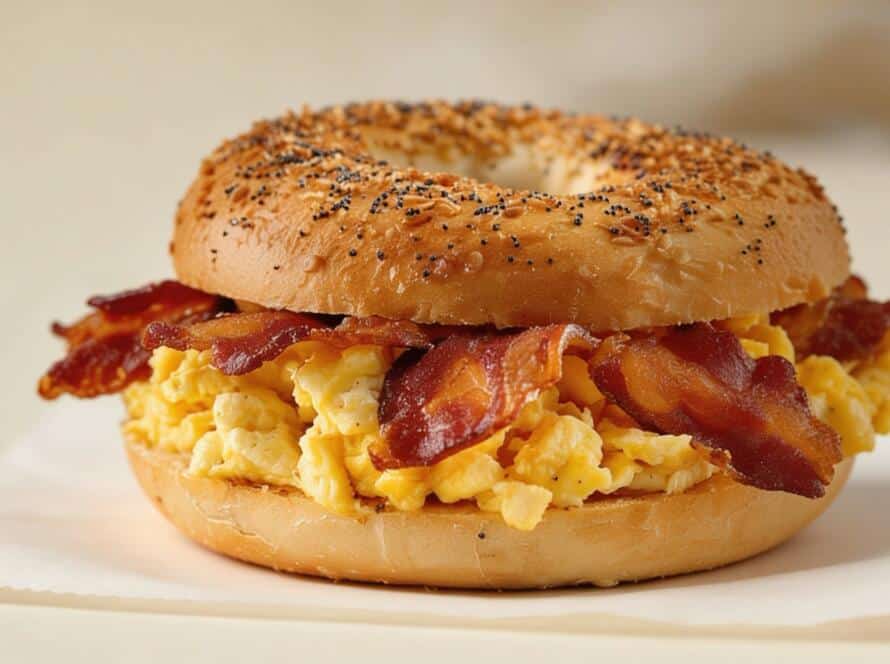 Bacon and scrambled egg bagel as a fifteen-minute back-to-school breakfast