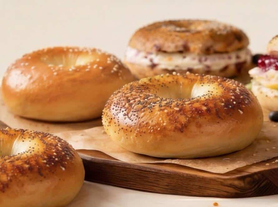 Fresh plain and seasoned bagels with loaded bagel sandwiches