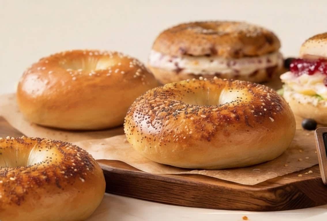 Fresh plain and seasoned bagels with loaded bagel sandwiches