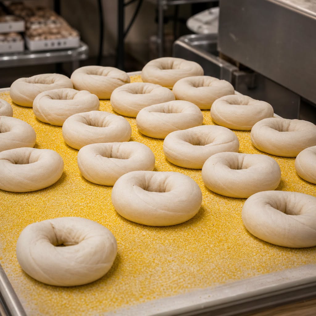 Rows of freshly shaped Bagel Chicks bagel dough prepared for baking in West Virginia.