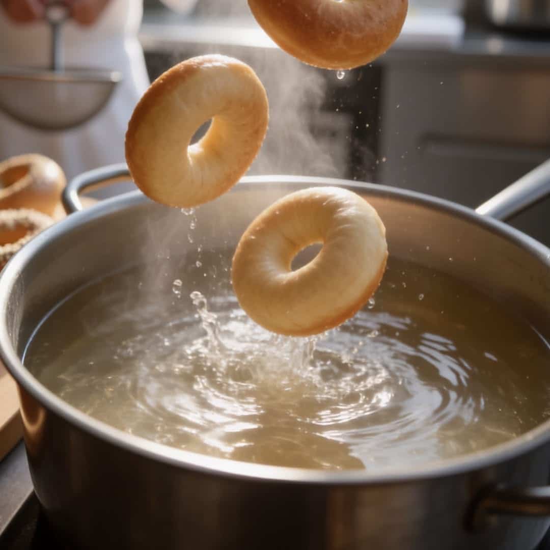 Bagel Chicks bagels being removed from boiling water during preparation in West Virginia.